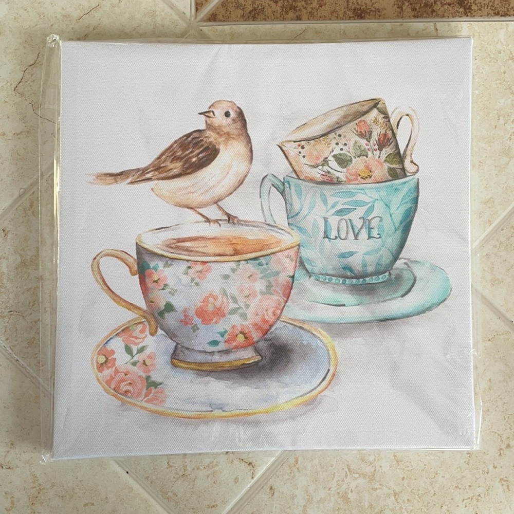 Wall art/painting ~ bird and teacups